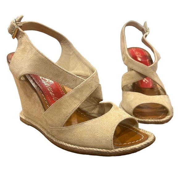 Revolve Paloma Barcelo Tan Suede Crisscross Wedge Round Toe Sandal - Picture 2 of 8